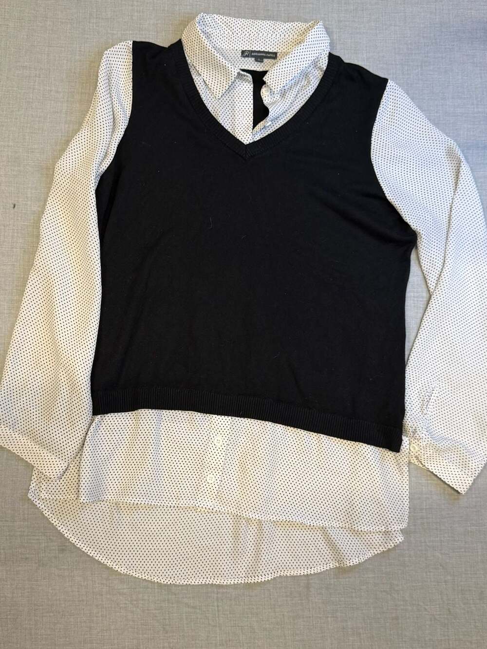 Adrianna Papell Black V-Neck Sweater Polka Dot Layered 2-in-1 Top Size L